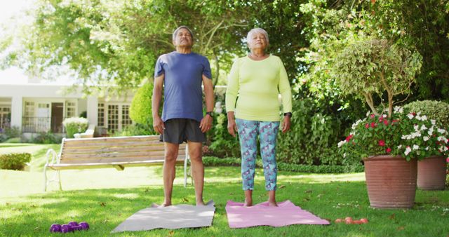 Senior couple standing on yoga mats in park exercising. Both are looking straight ahead with focused expressions. Green grass and trees provide a peaceful environment, suggesting warm weather. Ideal for promoting senior fitness, healthy aging, and recreational activities.