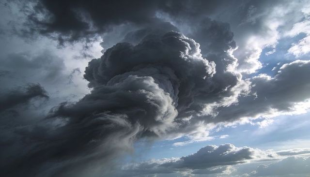 Towering cumulonimbus forming swirling funnel with sunlit edges over expansive sky