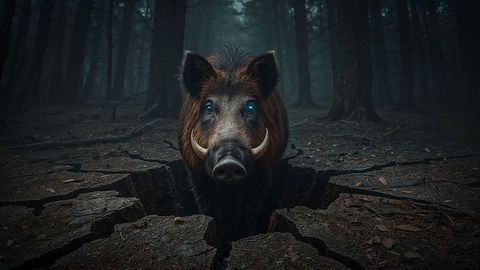 Wild Boar Emerging from Forest Fissure in Mysterious Woodland