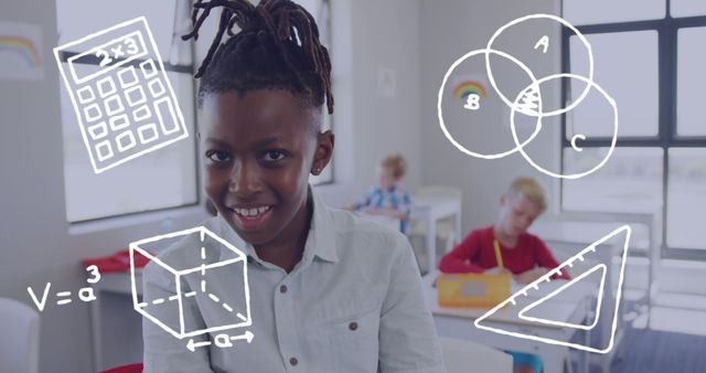 An African American boy smiling in a classroom, with digital mathematics graphics overlay including a calculator, a Venn diagram, a cube, and a triangle ruler. Can be used for educational content, promoting technology in education, or school wellness programs.