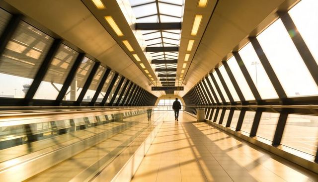 Sunlit Airport Skybridge with Traveler Walking Past Moving Walkway and Glass Reflections