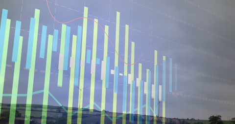 Financial Data Animation Over Wind Turbines in Countryside