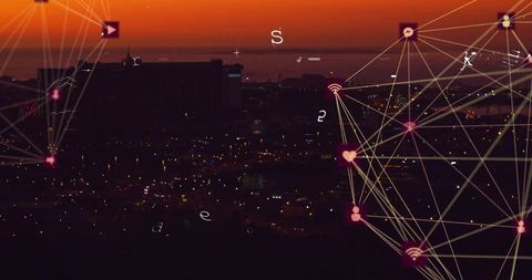 Digital Network Graph Overlaying Urban Nightscape Illustration