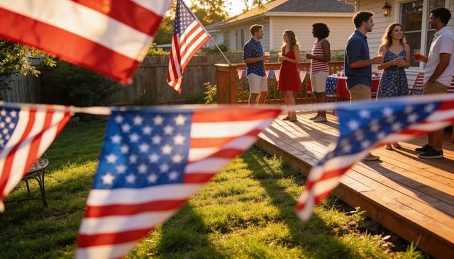 Backyard independence day gathering with friends, american flags, bunting and drinks