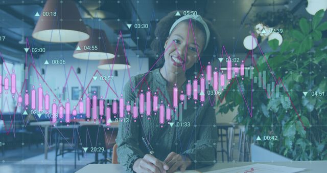 Smiling Woman Analyzing Financial Graph in Modern Cafe - Download Free Stock Images Pikwizard.com