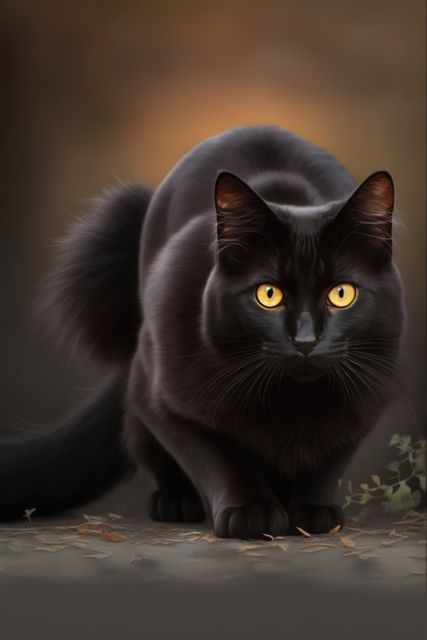 Black cat with intense yellow eyes crouching and observing its surroundings during dusk. Image can be used in themes related to pets, Halloween, mystery, or wildlife. Perfect for advertising, blogs, or educational materials about cats and their behavior.