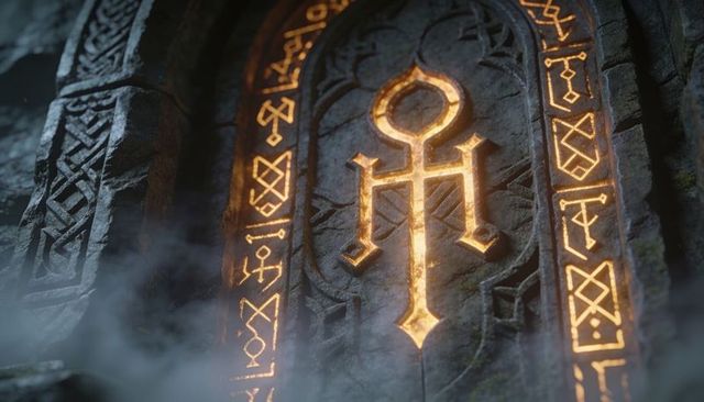 Glowing runic portal in ruined temple casting amber light through mist and knotwork sigil