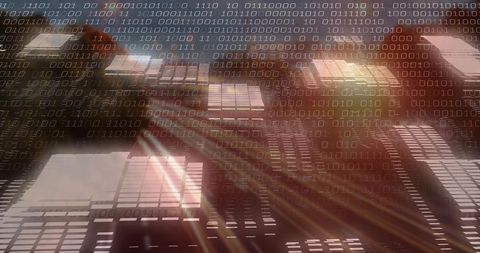 Futuristic glass facade with binary code overlay reflecting sunlight