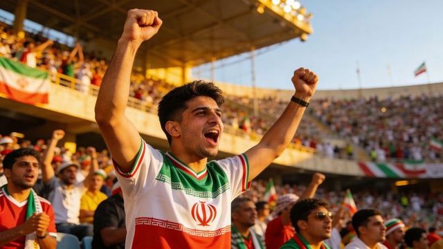 Young iranian football fan cheering and raising arms in sunlit packed stadium