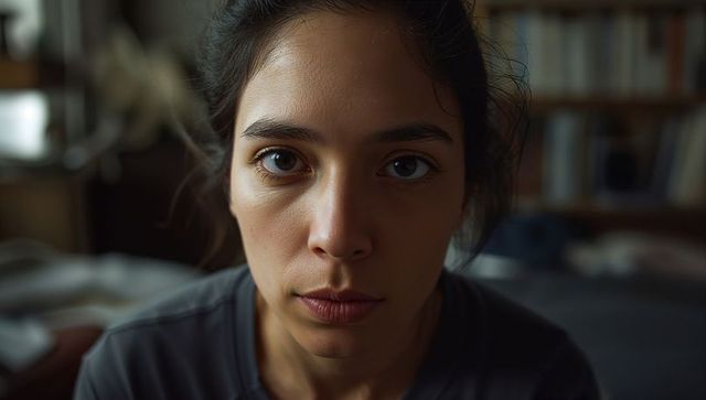 Intimate close-up portrait young woman in soft natural light with bookshelf backdrop