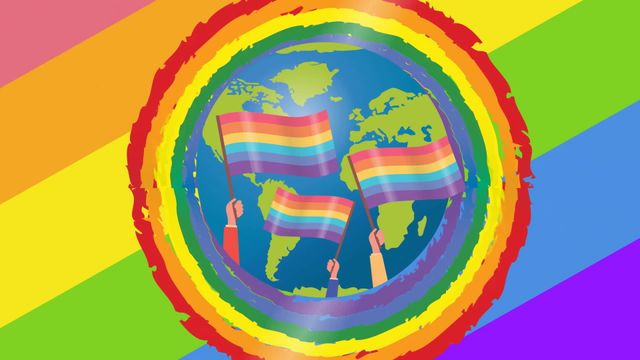 Illustration showcasing colorful expression of global LGBTQ pride. Visual with planet earth encircled by multiple rainbow flags, emphasizing worldwide diversity, inclusion, and acceptance. Suitable for pride pamphlets, diversity campaigns, or community events.