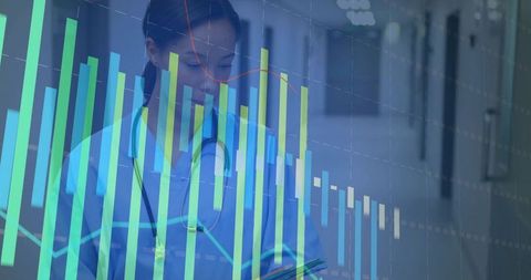 Nurse reviewing healthcare analytics on tablet with medical graphs overlay