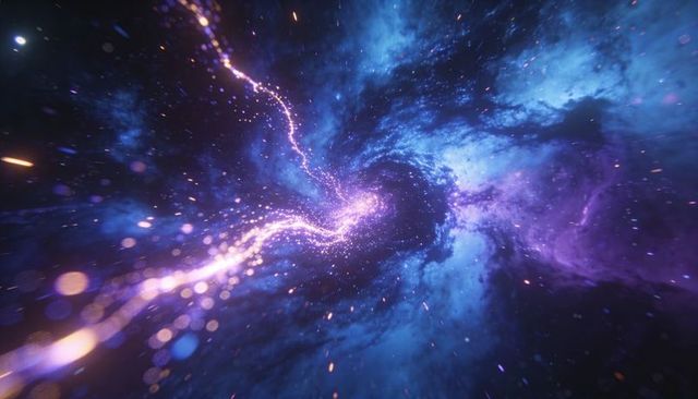 Swirling Purple-Pink Cosmic Vortex Drawing Sinuous Particle Stream Through Nebula
