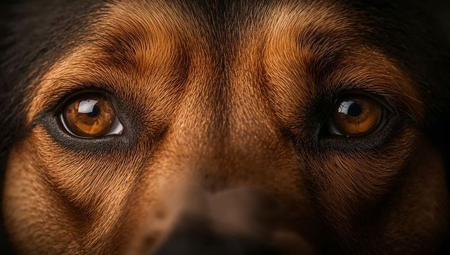 Intense Amber Dog Gaze Closeup Revealing Detailed Fur Texture and Reflective Catchlights