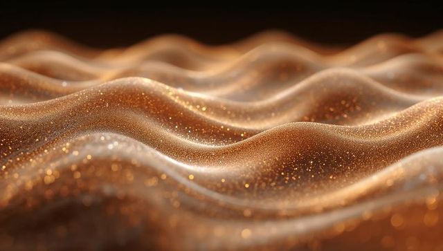 Shimmering golden waves glittering with bokeh sparkle, metallic granular abstract surface