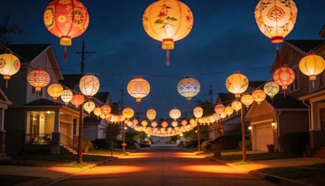 Glowing Paper Lanterns Lining Twilight Suburban Street Creating Warm Festive Ambience