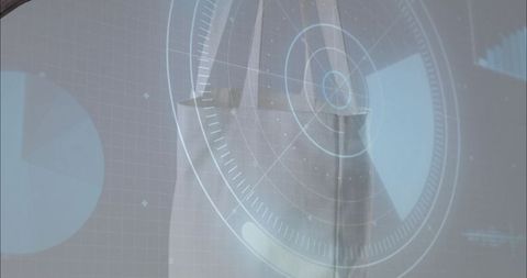 Projecting holographic circular hud overlaying pale fabric panel with seam and straps