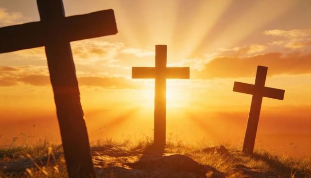 Three wooden crosses at sunrise with radiant sunbeams on hilltop ridge