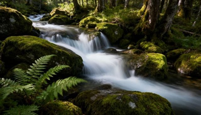 Mossy woodland stream cascading over boulders with ferns and dappled sunlight through canopy