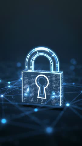 Holographic Padlock Pulsing Over Network Grid Vertical Cybersecurity Animation Loop