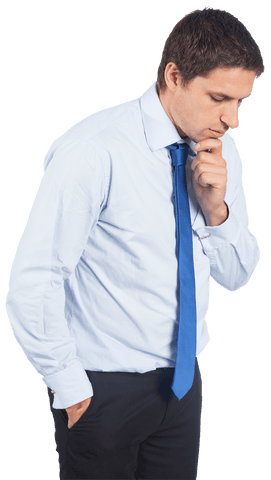 Contemplative businessman touching chin on transparent background