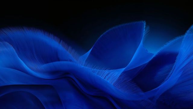 Flowing deep-blue ribbon waves with filament striations for futuristic abstract background