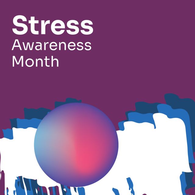 Composition of stress awareness month text over shapes on purple background. Stress awareness month concept digitally generated image.