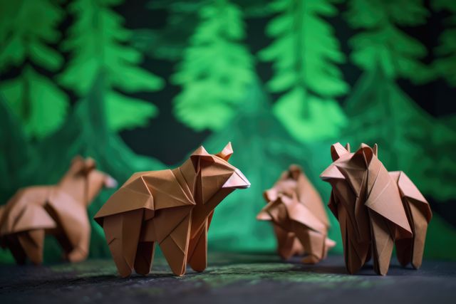 Handcrafted paper origami bears featured with a forest backdrop and greenery. Ideal for handmade craft enthusiasts, wildlife-themed decor, and nature-inspired designs. Suitable for blogs on DIY projects, children's activities, and educational materials on wildlife and conservation.