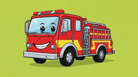 Cute cartoon fire truck with friendly expression on green background