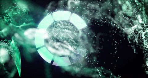 Pulsing teal segmented ring with swirling particle nebula and digital smoke vortex
