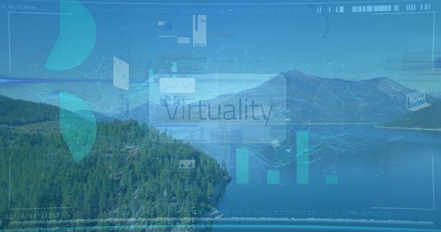 Virtual Technology Interface with Serene Mountain Lake Background