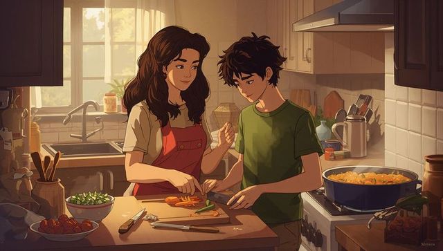 Sunlit kitchen couple preparing dinner together, woman guiding partner cutting vegetables