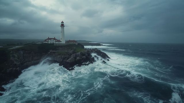 Stormy Lighthouse Standing on Rugged Cliff Overlooking Turbulent Ocean and Foamy Surf