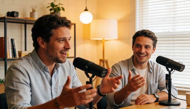 Two male podcasters hosting casual conversation in cozy home studio with professional mics