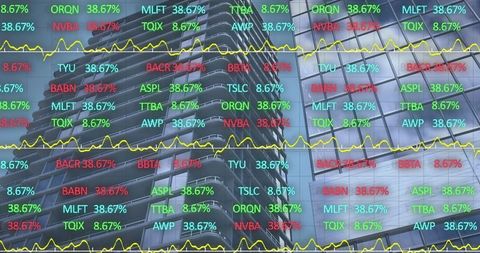 Stock Market Data Overlay on Futuristic Cityscape