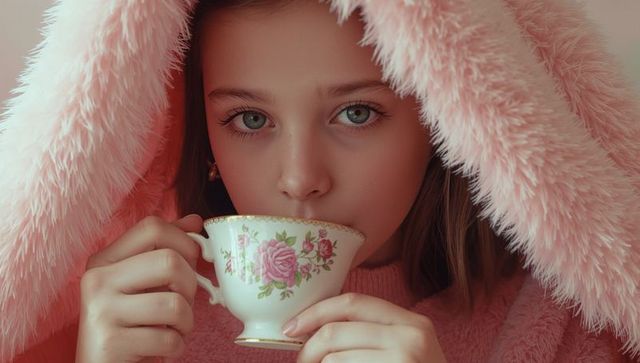 Child enjoys tea wrapped in fluffy pink blanket for home comfort