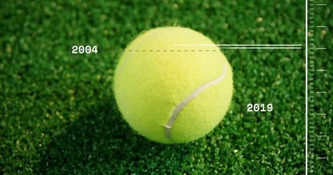 Tennis ball on artificial turf with date labels and measurement scale