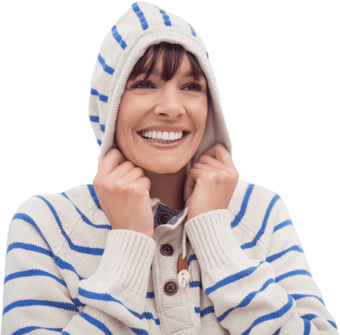 Cheerful Woman Wearing Striped Sweater with Hood - Transparent Background