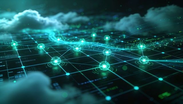 Turquoise holographic network grid visualizing pulsing data nodes and flowing streams
