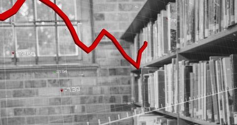 Falling Red Data Line Over Library Shelves Suggesting Research Funding Decline