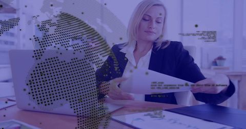 Businesswoman Analyzing Financial Data with Global Network Visualization