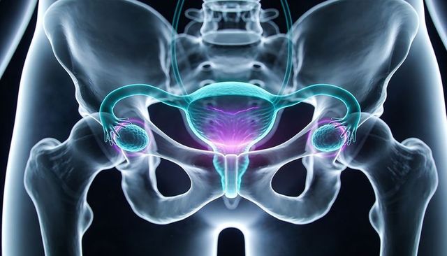 3D Translucent Female Pelvis Anatomy Highlighting Uterus, Cervix, Fallopian Tubes, Ovaries
