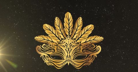 Golden festive mask with feathers on starry night background