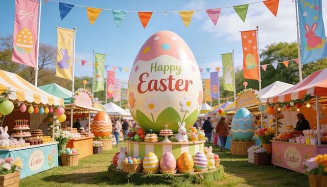 Happy Easter Giant Egg Festival Market with Pastel Banners and Candy Stall Centerpiece