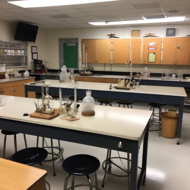 This image shows an empty high school science classroom with various lab equipment neatly organized on tables. Ideal for use in educational materials, presentations, school websites, and publications about science education, this scene captures the clean and orderly environment conducive to learning and scientific research.