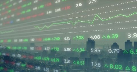 Financial market data overlay showing stock tickers and line charts over city skyline