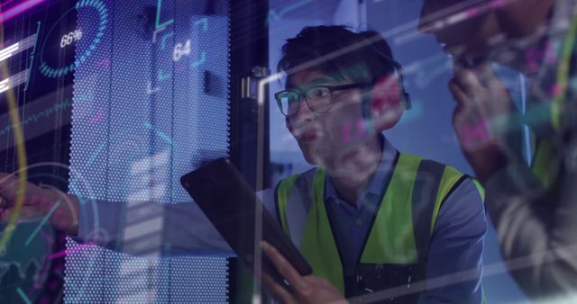 Asian Technicians Analyzing Data in Server Room with Digital Graphic Overlay - Download Free Stock Images Pikwizard.com