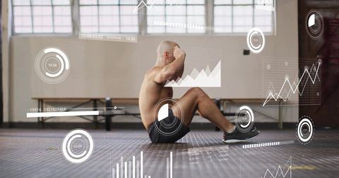 Shirtless athlete performing sit-up with fitness hud analytics overlay in industrial gym