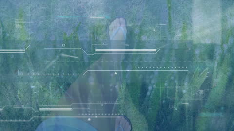 Data Processing Overlay with Woman Walking on Grass