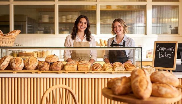 Friendly Bakery Staff Serving Fresh Artisan Bread Behind Glass Display at Community Bakery